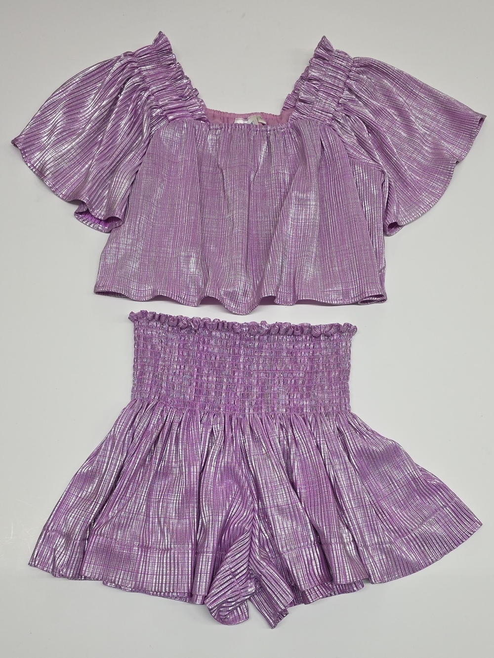QUEEN OF SPARKLES Metallic Powder Purple Pebble Flutter Top and Swing Shorts Set